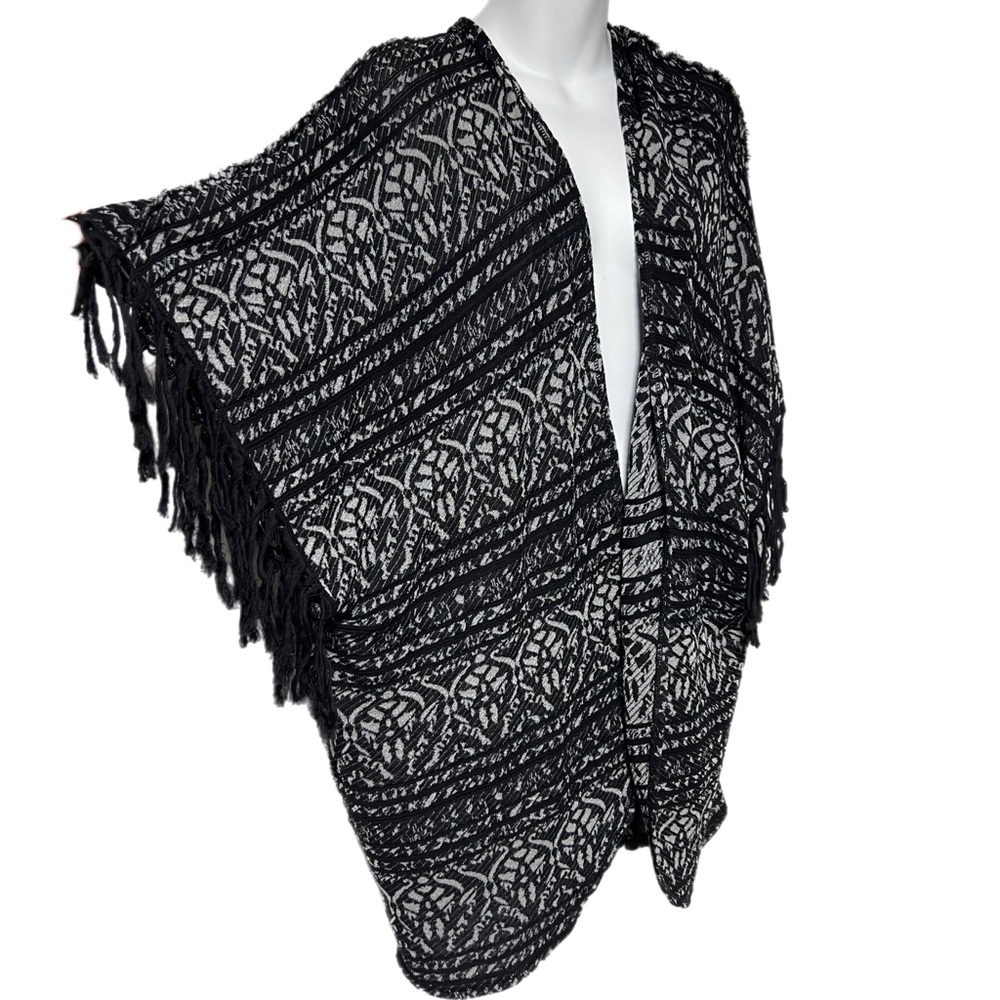 Free People Black Silver Boho Fringe Open Front Cardigan Kimono XS/S Oversized - Picture 5 of 13